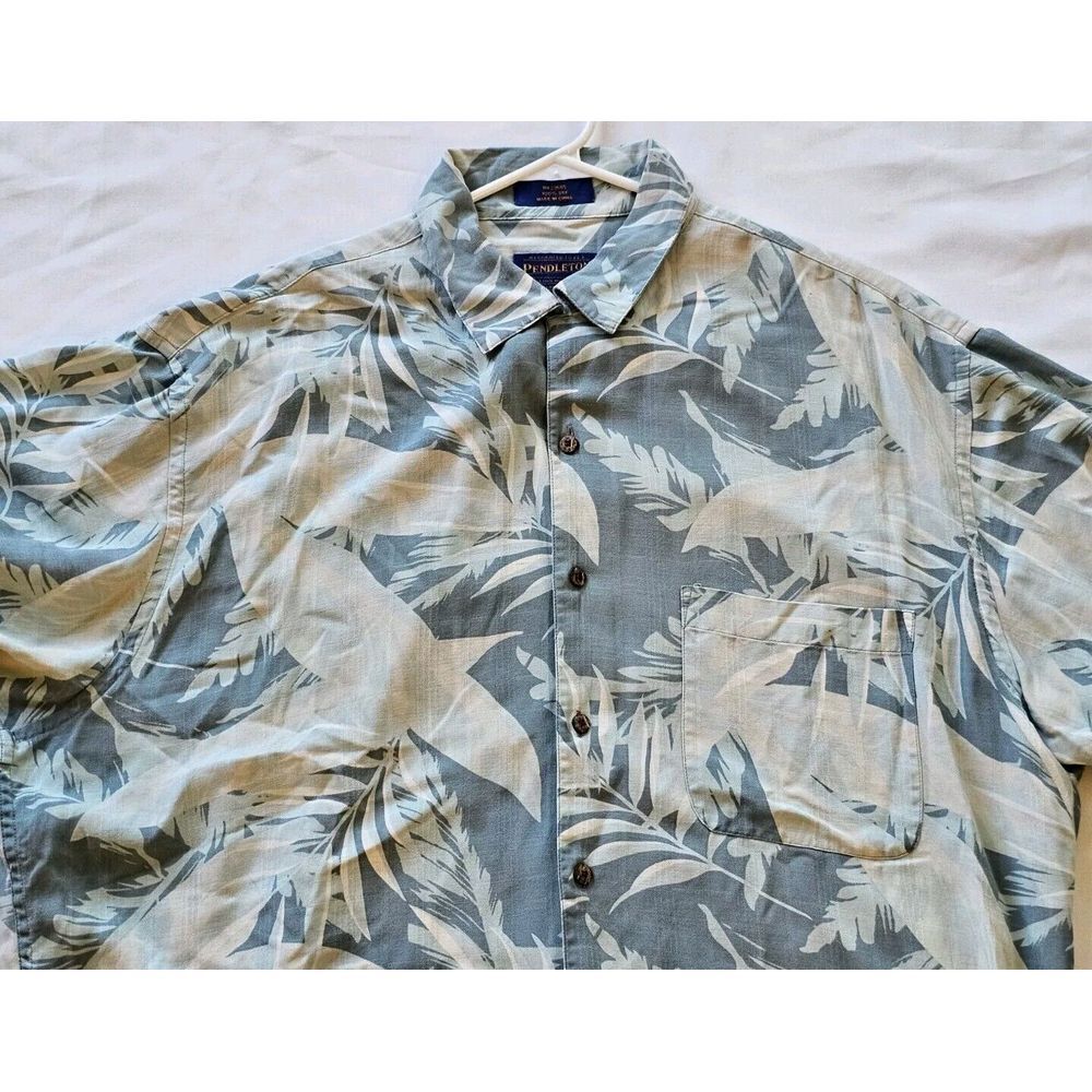 Pendleton‎ Shirt Mens Large Teal 100% Silk Loop Collar Camp Hawaiian Floral